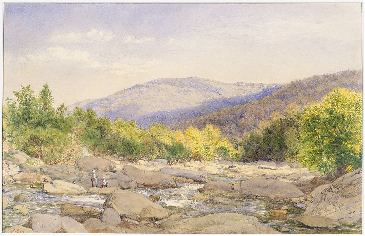 Landscape: View on Catskill Creek, John William Hill (American (born England), London 1812–1879 West Nyack, New York), Watercolor, gouache, and graphite on off-white wove paper, American