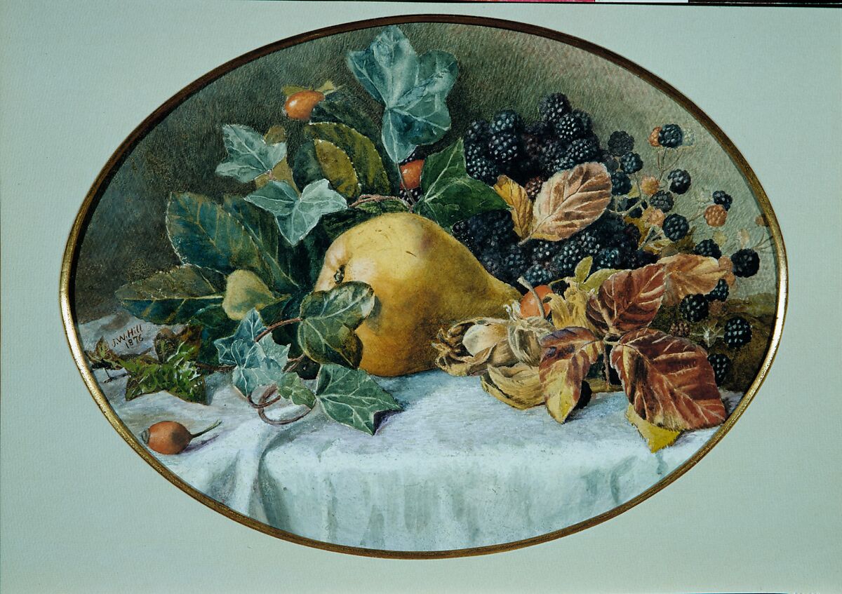 Still Life with Fruit, Attributed to John William Hill (American (born England), London 1812–1879 West Nyack, New York), Watercolor and gouache on off-white laminated paper board (possibly Bristol board), American