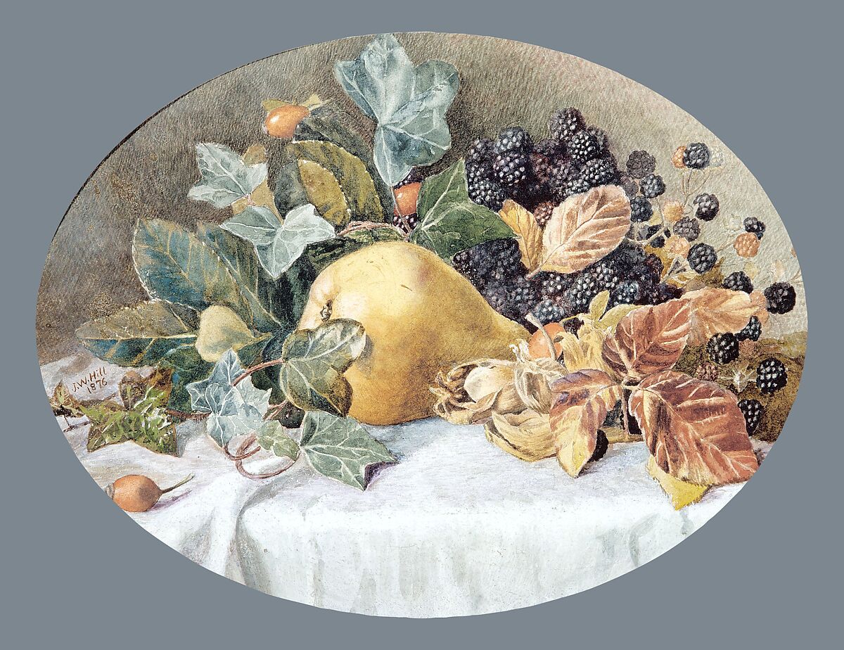 Still Life with Fruit, Attributed to John William Hill (American (born England), London 1812–1879 West Nyack, New York), Watercolor and gouache on off-white laminated paper board (possibly Bristol board), American 