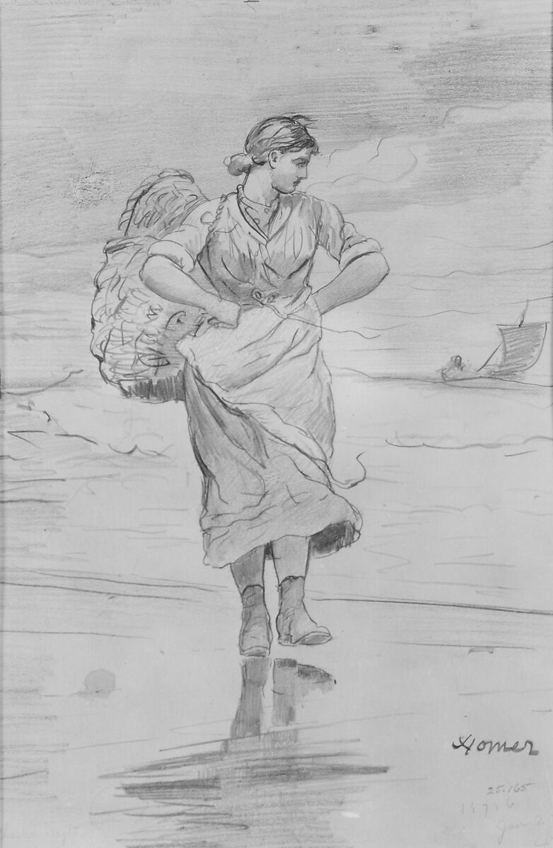 A Fisher Girl on Beach (Sketch for Illustration of "The Incoming Tide"), Winslow Homer (American, Boston, Massachusetts 1836–1910 Prouts Neck, Maine), Metalpoint (?) and crayon on white wove paper, American 