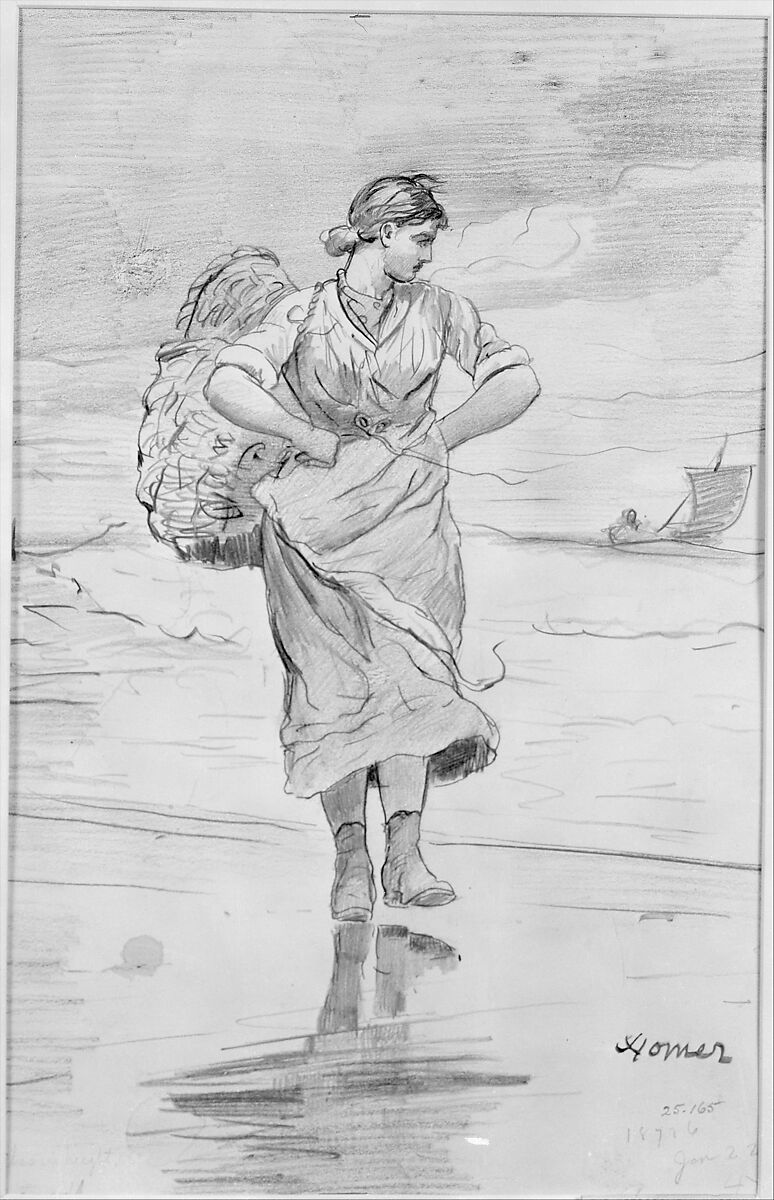A Fisher Girl on Beach (Sketch for Illustration of "The Incoming Tide"), Winslow Homer (American, Boston, Massachusetts 1836–1910 Prouts Neck, Maine), Metalpoint (?) and crayon on white wove paper, American