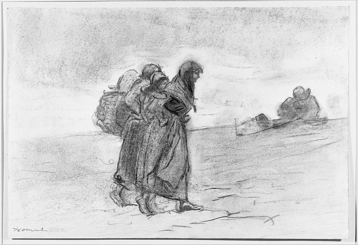 Fisherwomen, Winslow Homer (American, Boston, Massachusetts 1836–1910 Prouts Neck, Maine), Charcoal, white chalk, and graphite on off-white wove paper, American 