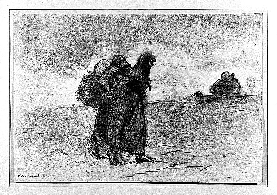 Fisherwomen, Winslow Homer (American, Boston, Massachusetts 1836–1910 Prouts Neck, Maine), Charcoal, white chalk, and graphite on off-white wove paper, American