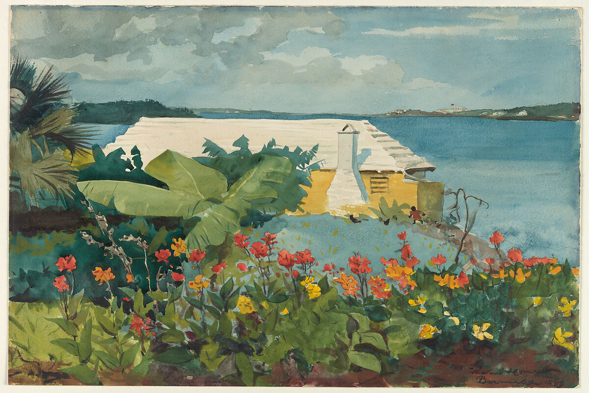 Flower Garden and Bungalow, Bermuda, Winslow Homer (American, Boston, Massachusetts 1836–1910 Prouts Neck, Maine), Watercolor and graphite on off-white wove paper, American 