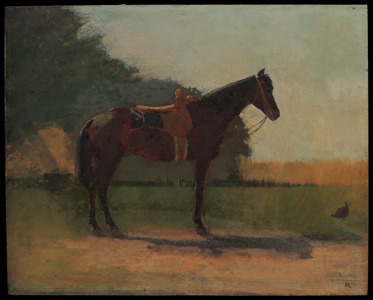Saddle Horse in Farm Yard, Winslow Homer (American, Boston, Massachusetts 1836–1910 Prouts Neck, Maine), Oil on wood, American