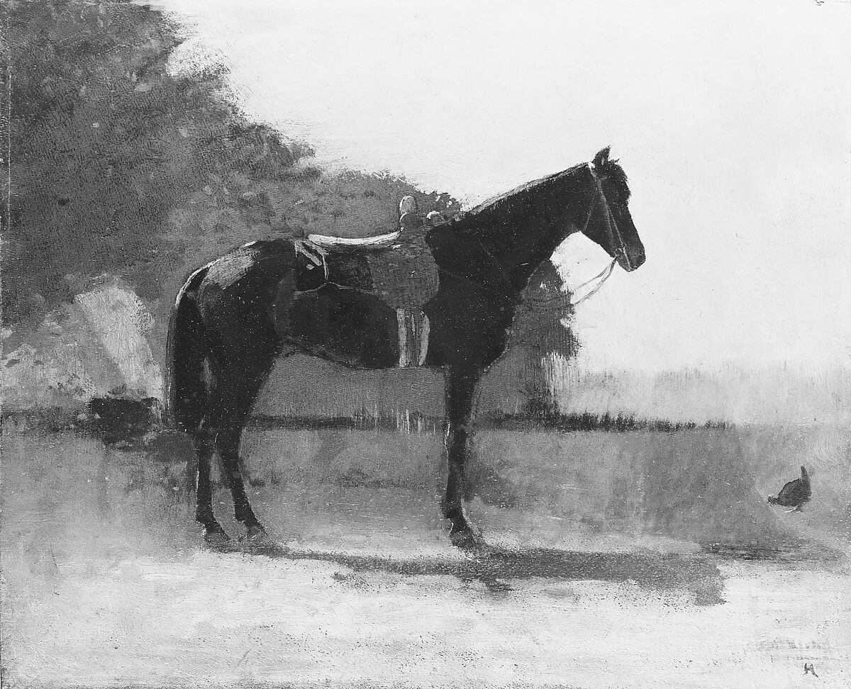 Saddle Horse in Farm Yard, Winslow Homer (American, Boston, Massachusetts 1836–1910 Prouts Neck, Maine), Oil on wood, American 