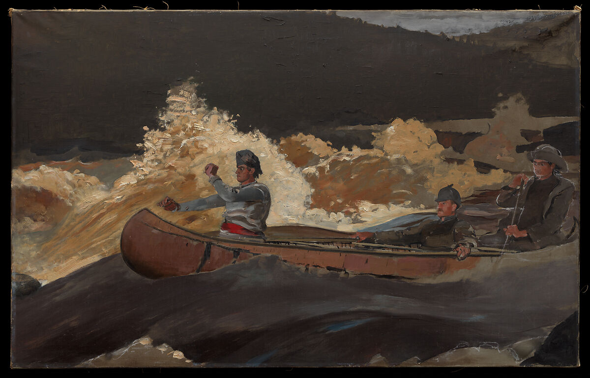 Shooting the Rapids, Saguenay River, Winslow Homer (American, Boston, Massachusetts 1836–1910 Prouts Neck, Maine), Oil on canvas with chalk, American