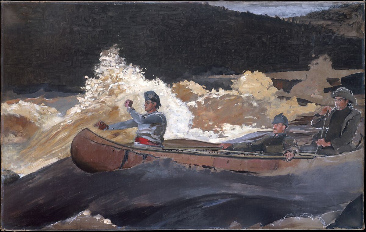 Shooting the Rapids, Saguenay River, Winslow Homer (American, Boston, Massachusetts 1836–1910 Prouts Neck, Maine), Oil on canvas with chalk, American