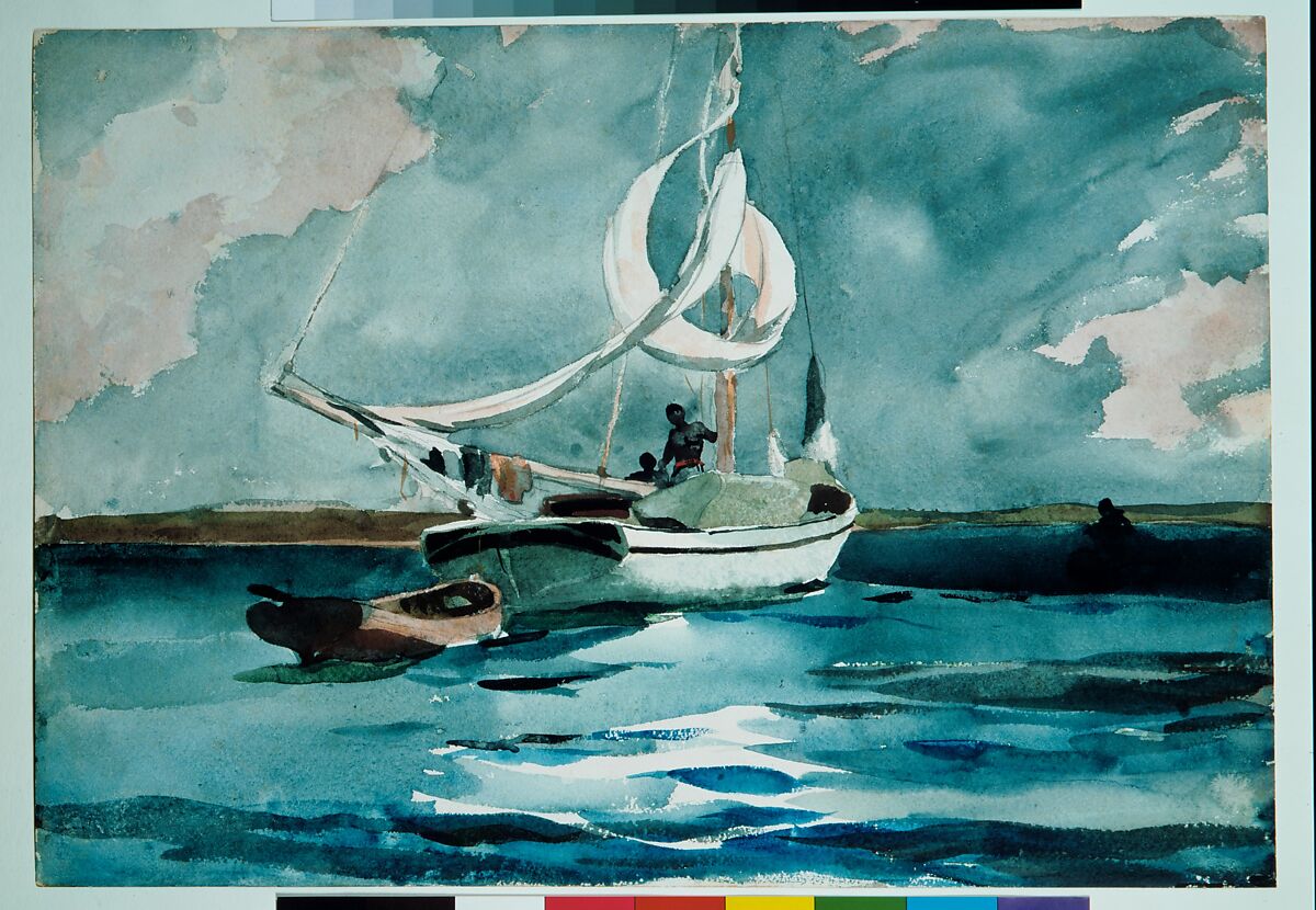 Sloop, Nassau, Winslow Homer (American, Boston, Massachusetts 1836–1910 Prouts Neck, Maine), Watercolor and graphite on off-white wove paper, American