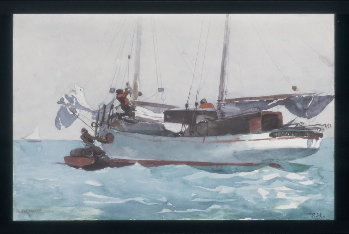 Taking on Wet Provisions (Schooner Marked Newport, K. W.), Winslow Homer (American, Boston, Massachusetts 1836–1910 Prouts Neck, Maine), Watercolor and graphite on off-white wove paper, American 