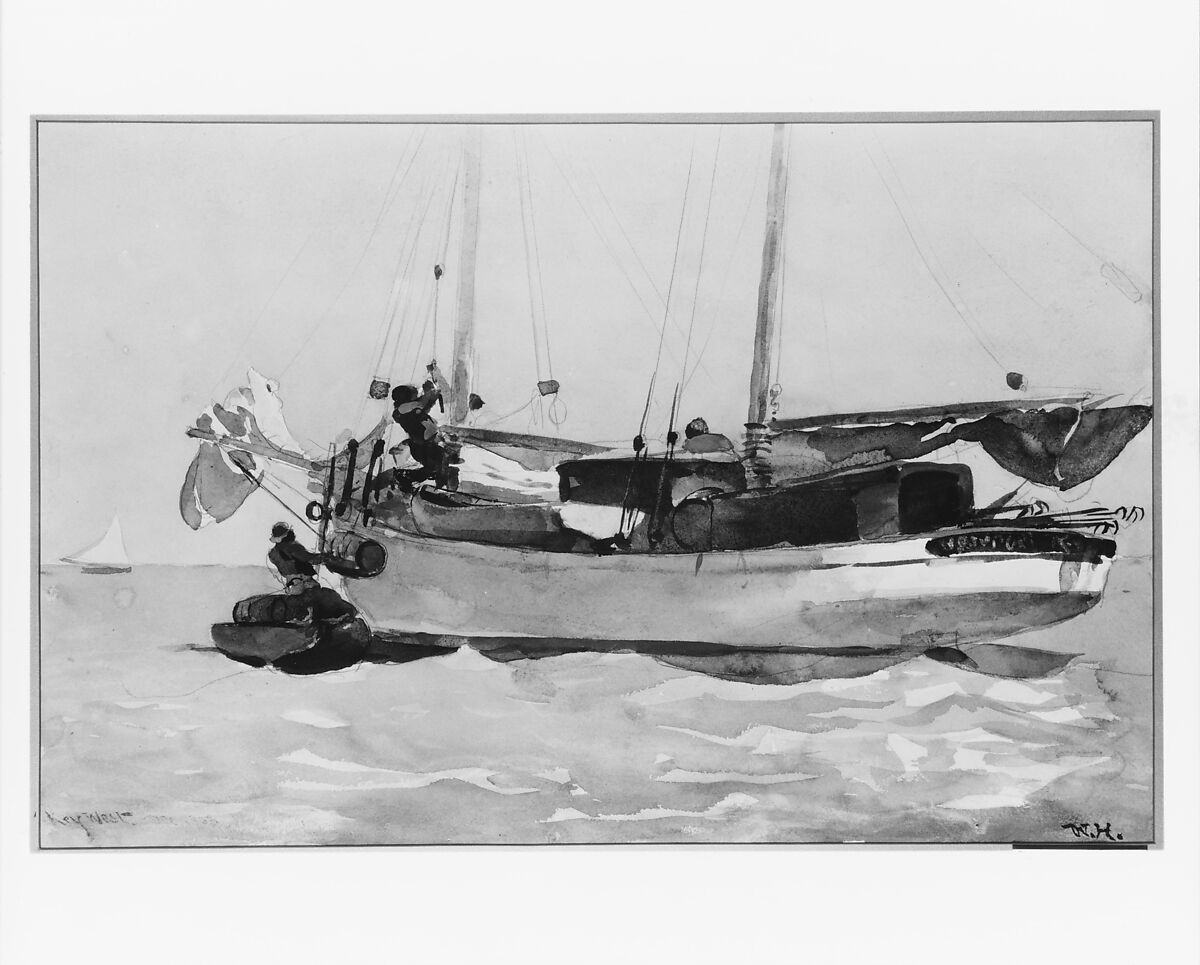 Taking on Wet Provisions (Schooner Marked Newport, K. W.), Winslow Homer (American, Boston, Massachusetts 1836–1910 Prouts Neck, Maine), Watercolor and graphite on off-white wove paper, American