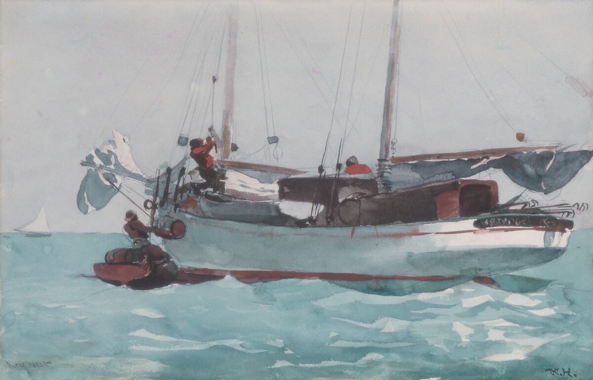 Taking on Wet Provisions (Schooner Marked Newport, K. W.), Winslow Homer (American, Boston, Massachusetts 1836–1910 Prouts Neck, Maine), Watercolor and graphite on off-white wove paper, American