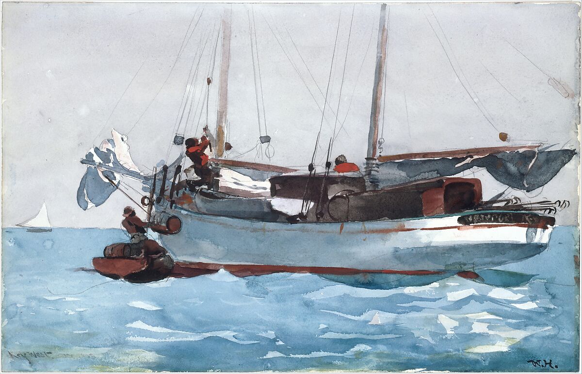 Taking on Wet Provisions (Schooner Marked Newport, K. W.), Winslow Homer (American, Boston, Massachusetts 1836–1910 Prouts Neck, Maine), Watercolor and graphite on off-white wove paper, American