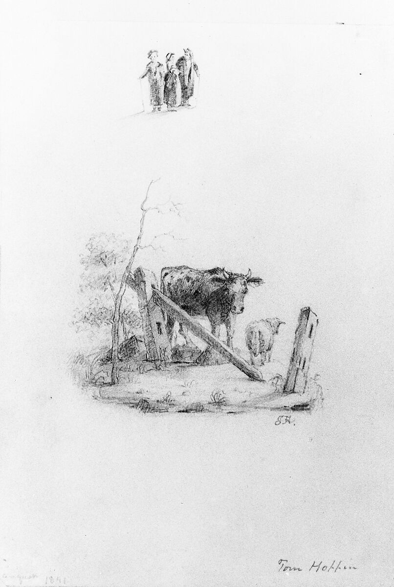 Landscape with Two Cows and a Broken Fence; Three Standing Figures (from McGuire Scrapbook), Thomas F. Hoppin (1816–1872), Graphite on off-white Bristol board, American