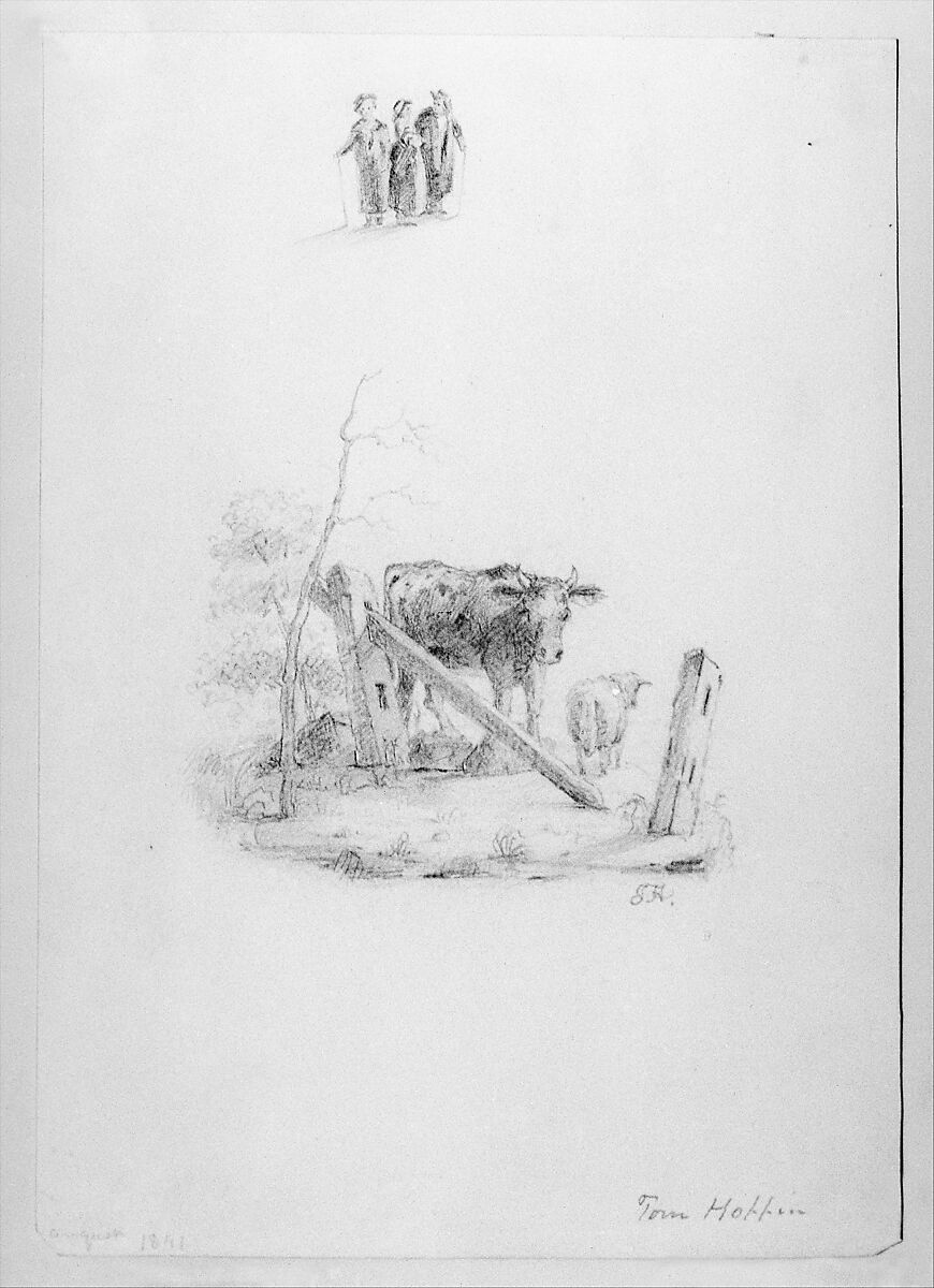Landscape with Two Cows and a Broken Fence; Three Standing Figures (from McGuire Scrapbook), Thomas F. Hoppin (1816–1872), Graphite on off-white Bristol board, American 