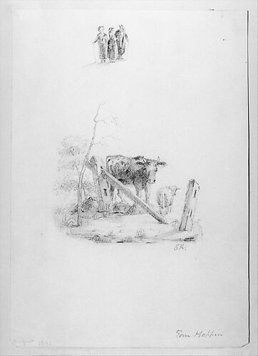 Landscape with Two Cows and a Broken Fence; Three Standing Figures (from McGuire Scrapbook)