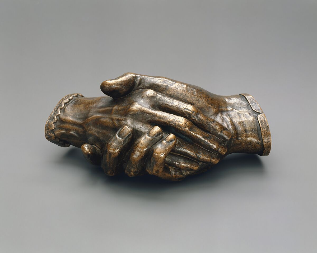 Clasped Hands of Robert and Elizabeth Barrett Browning, Harriet Goodhue Hosmer (1830–1908), Bronze, American 
