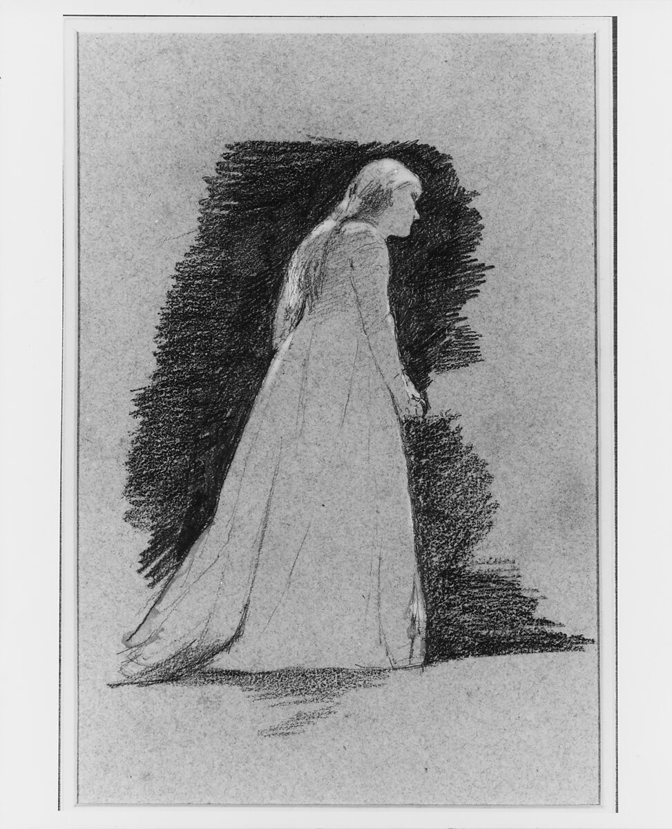 Standing Woman, Thomas Hovenden (American (born Ireland), Dunmanway 1840–1895 Plymouth Meeting, Pennsylvania), Graphite and gouache watercolor on blue wove paper, American