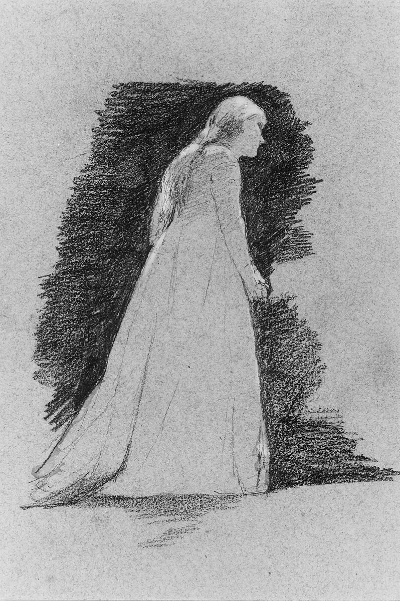 Standing Woman, Thomas Hovenden (American (born Ireland), Dunmanway 1840–1895 Plymouth Meeting, Pennsylvania), Graphite and gouache watercolor on blue wove paper, American 