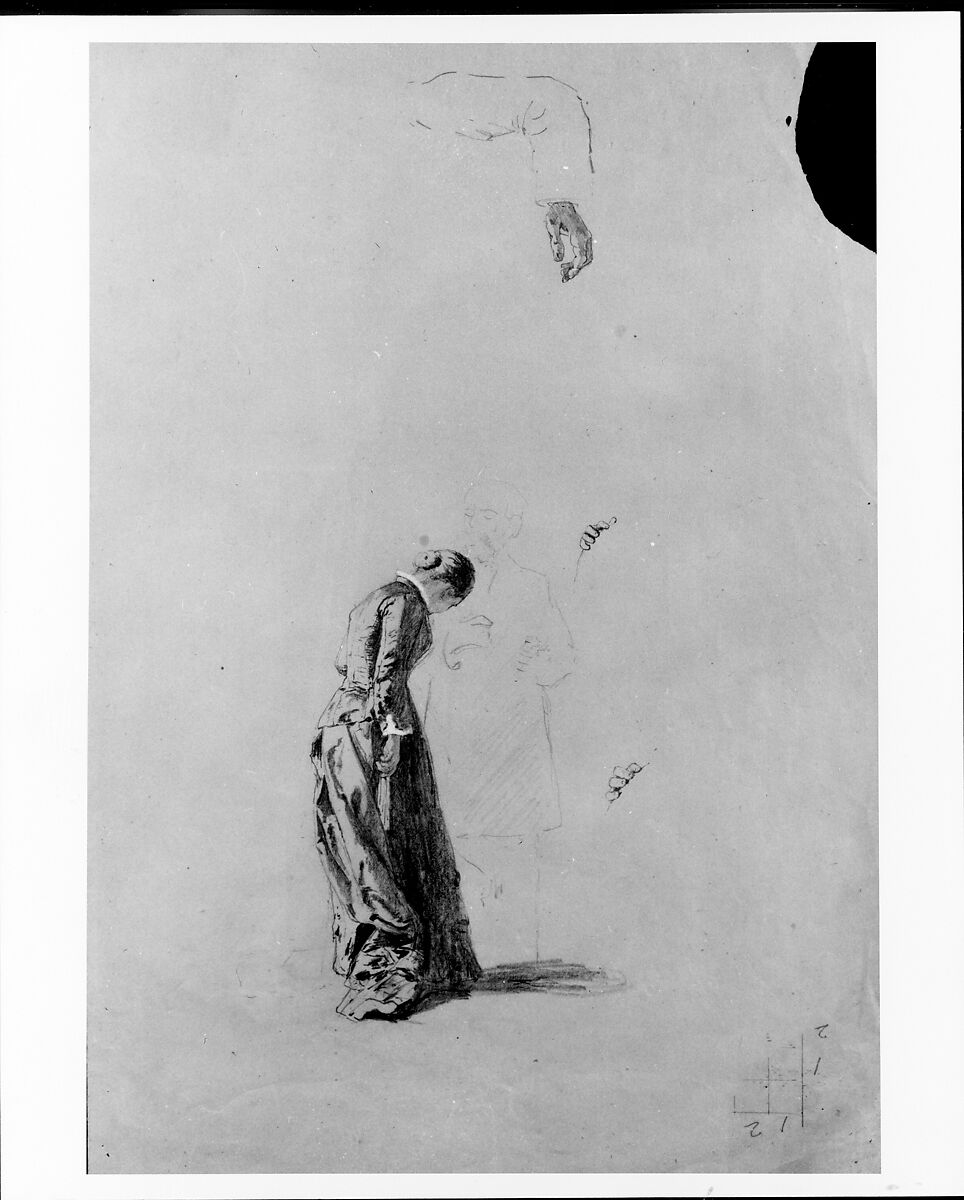 Standing Woman with Man in Outline, Thomas Hovenden (American (born Ireland), Dunmanway 1840–1895 Plymouth Meeting, Pennsylvania), Graphite and white gouache on tan wove paper, American