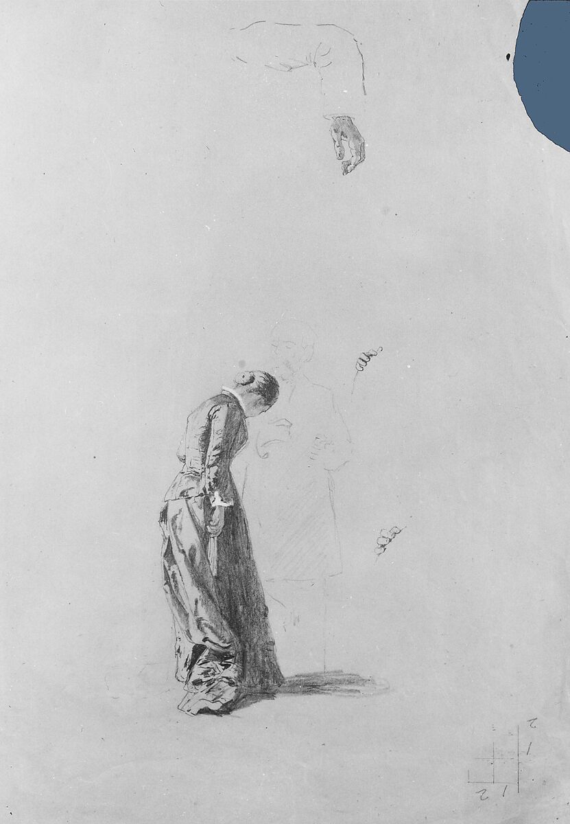 Standing Woman with Man in Outline, Thomas Hovenden (American (born Ireland), Dunmanway 1840–1895 Plymouth Meeting, Pennsylvania), Graphite and white gouache on tan wove paper, American