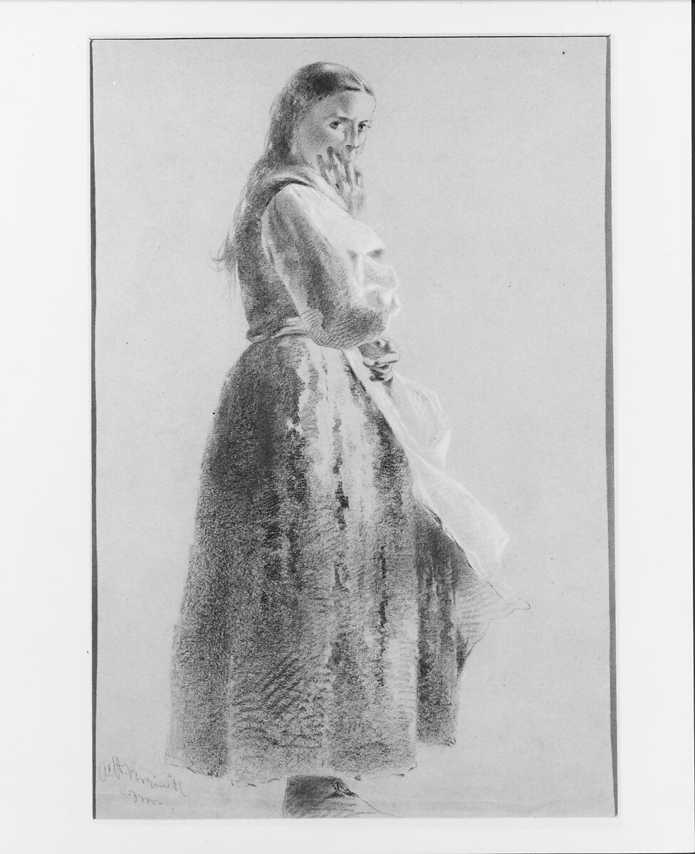 Peasant Girl, Alfred Cornelius Howland (American, Walpole, New Hampshire 1838–1909 Pasadena, California), Graphite and white chalk on gray wove paper, American