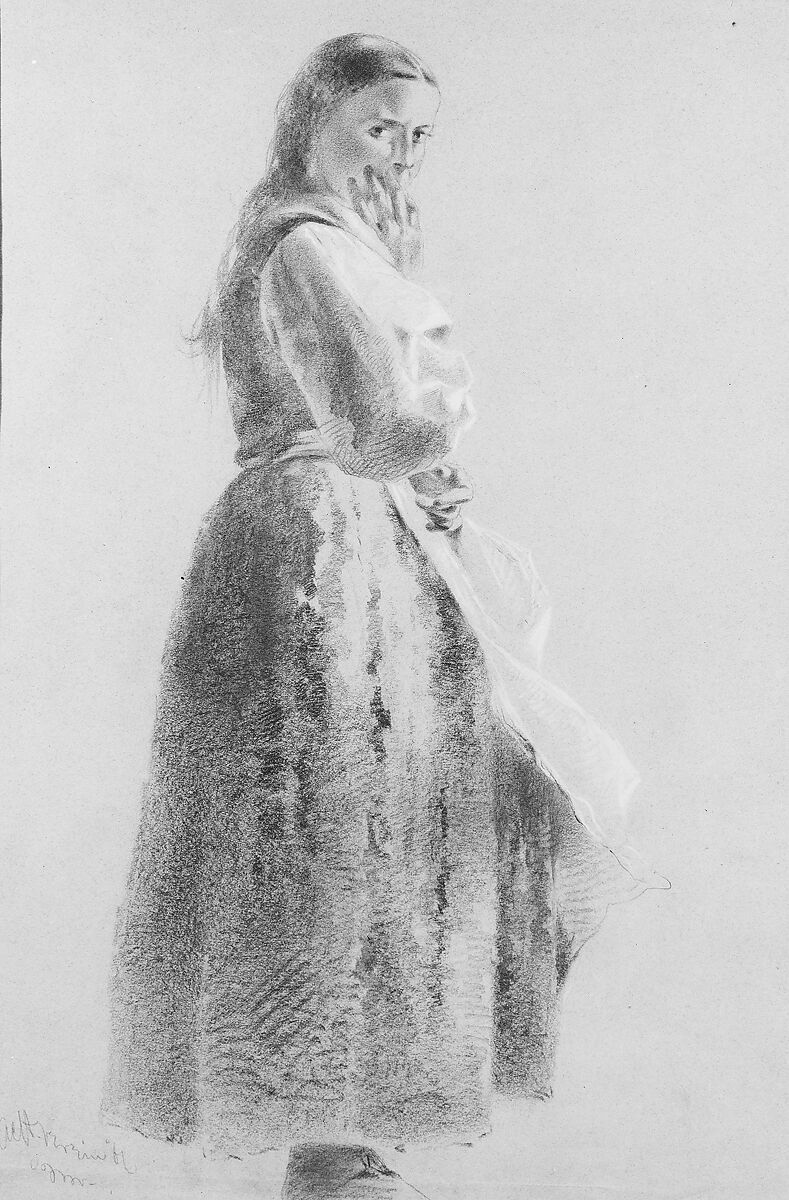 Peasant Girl, Alfred Cornelius Howland (American, Walpole, New Hampshire 1838–1909 Pasadena, California), Graphite and white chalk on gray wove paper, American 