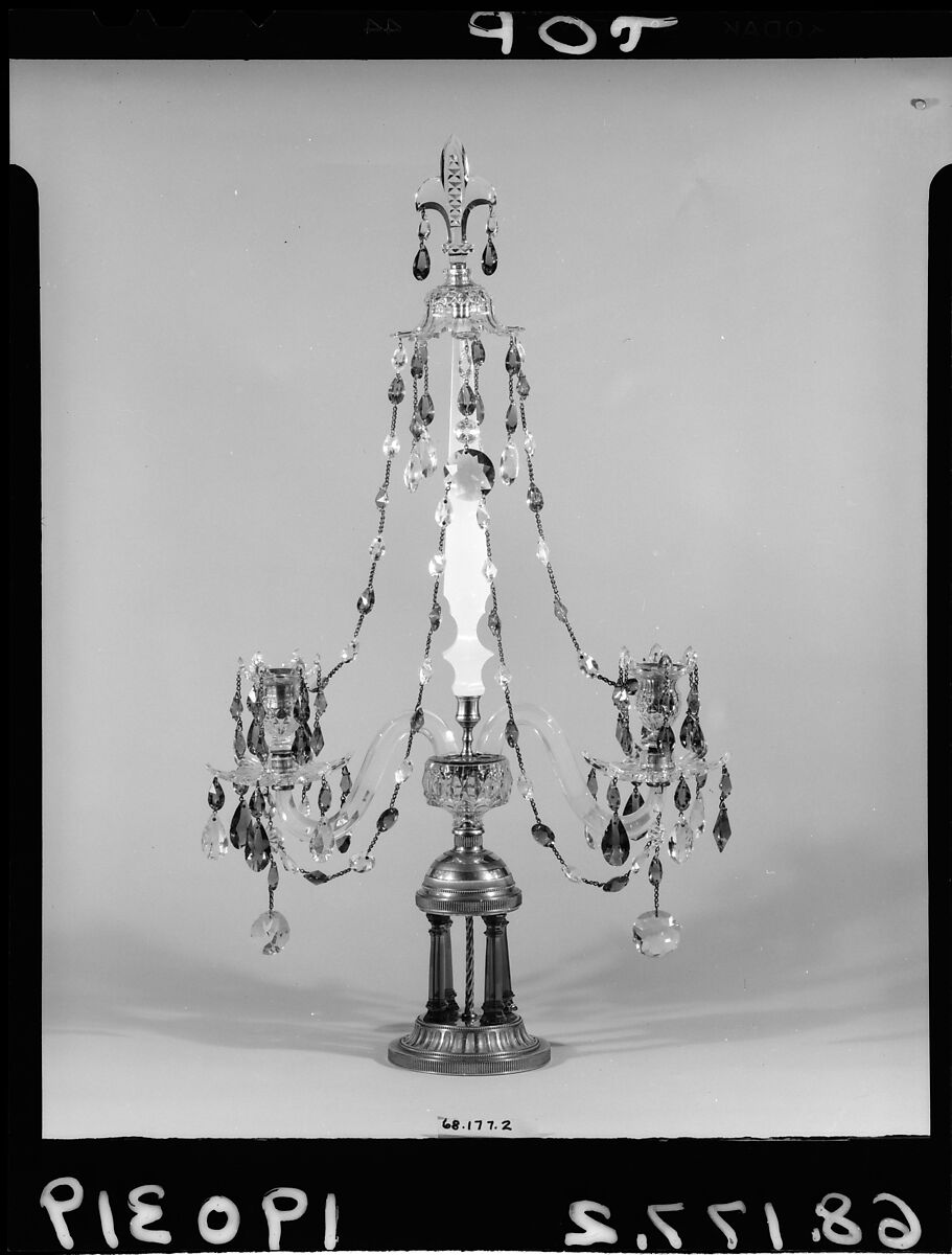 Candelabrum, Colorless, opalescent and amethyst glass, gilt bronze, British 