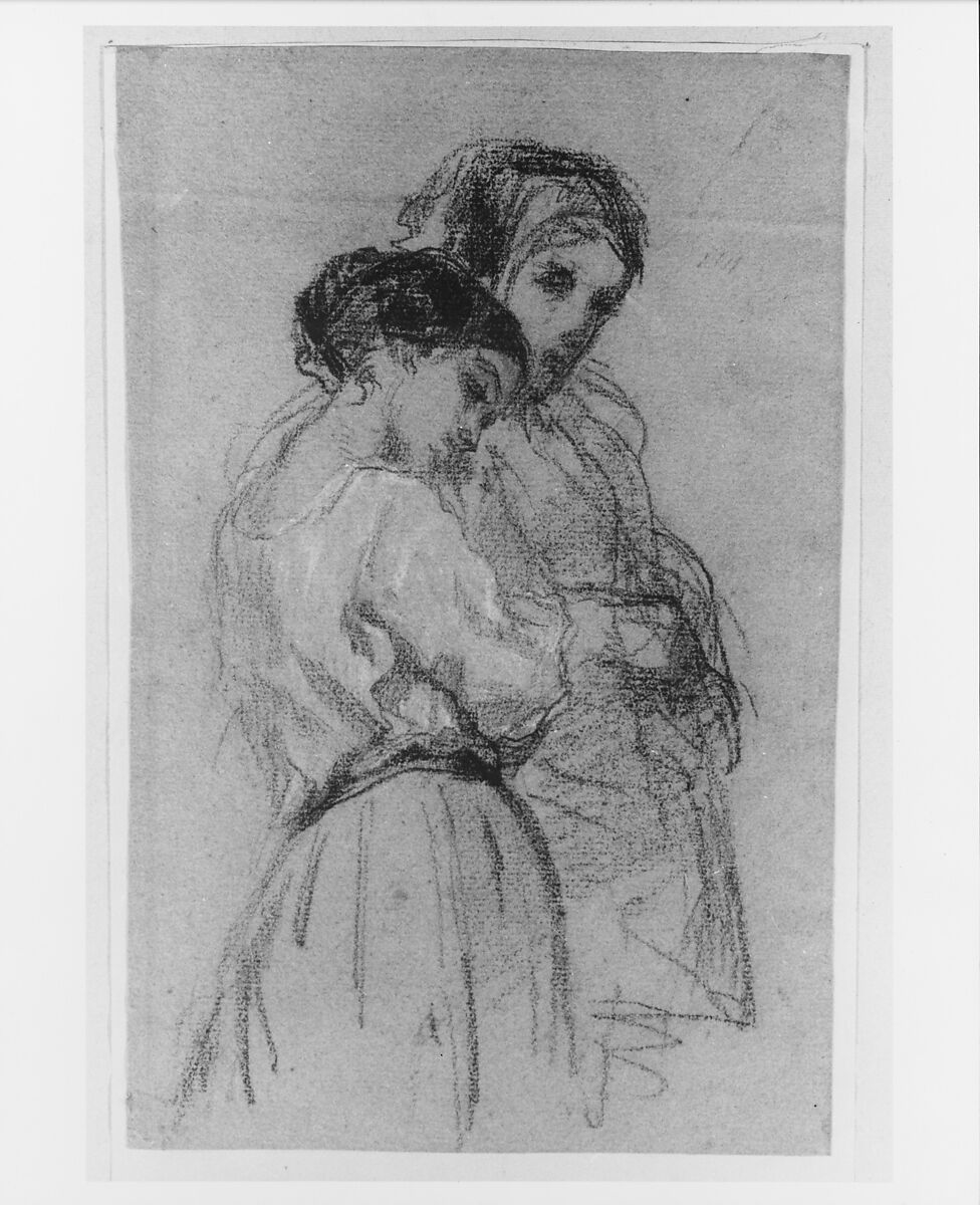 The Thorpe Sisters, William Morris Hunt (American, Brattleboro, Vermont 1824–1879 Appledore, New Hampshire), Conté crayon and white chalk on blue laid paper, American