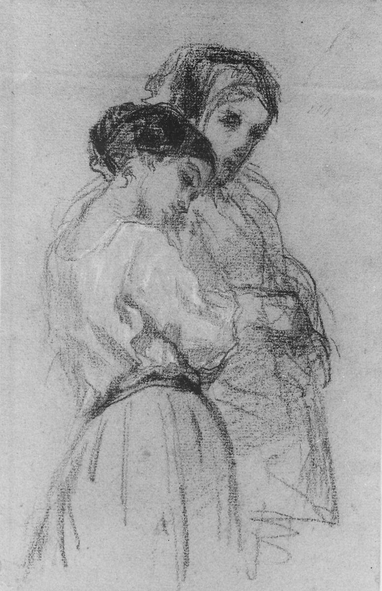 The Thorpe Sisters, William Morris Hunt (American, Brattleboro, Vermont 1824–1879 Appledore, New Hampshire), Conté crayon and white chalk on blue laid paper, American 