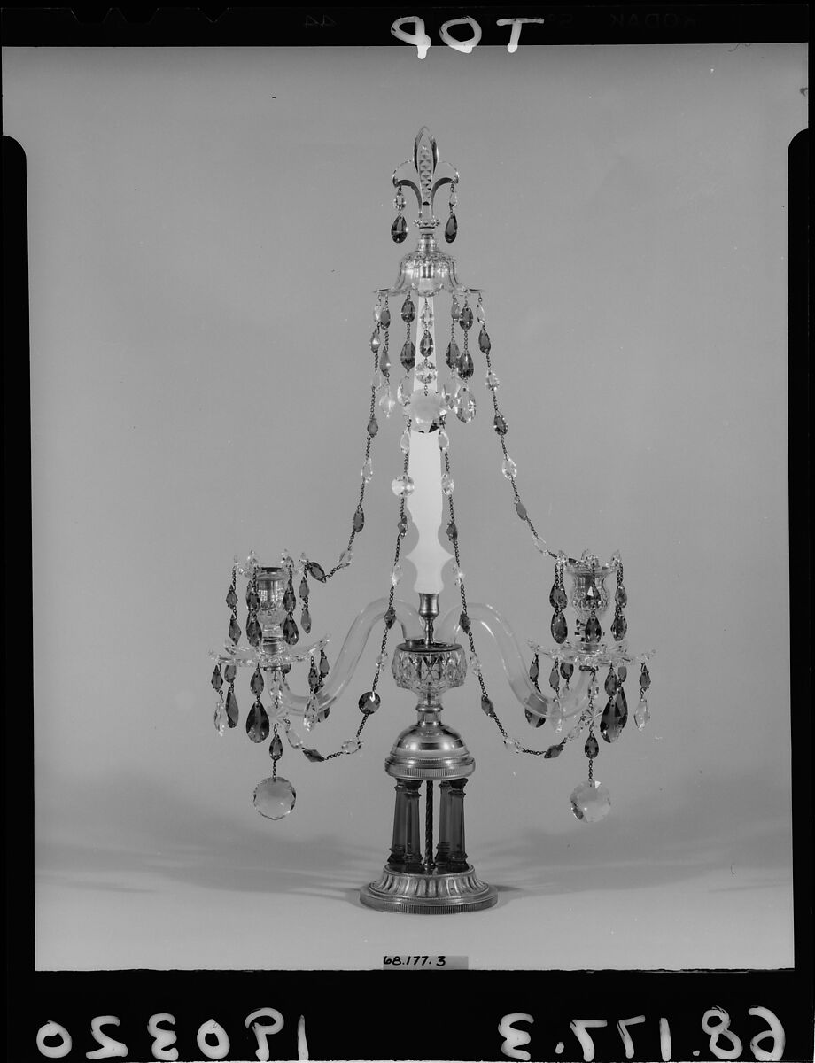 Candelabrum, Colorless, opalescent and amethyst glass, gilt bronze, British 