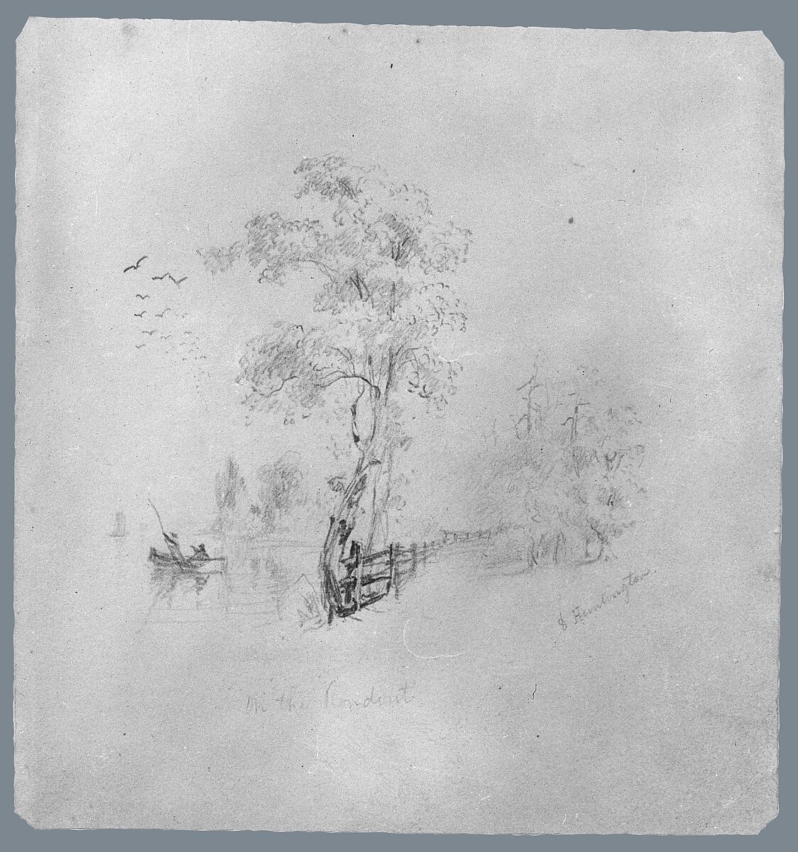On the Rondout (from McGuire Scrapbook), Daniel Huntington (American, New York 1816–1906 New York), Graphite on off-white laid paper, American