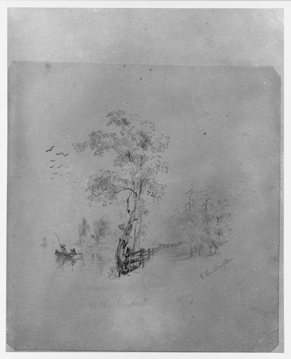 On the Rondout (from McGuire Scrapbook), Daniel Huntington (American, New York 1816–1906 New York), Graphite on off-white laid paper, American 