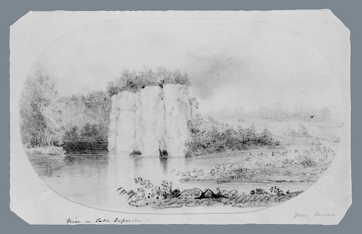 View on Lake Superior (from McGuire Scrapbook), Henry Inman (American, Utica, New York 1801–1846 New York), Graphite on off-white wove paper, mounted on off-white Bristol board, American