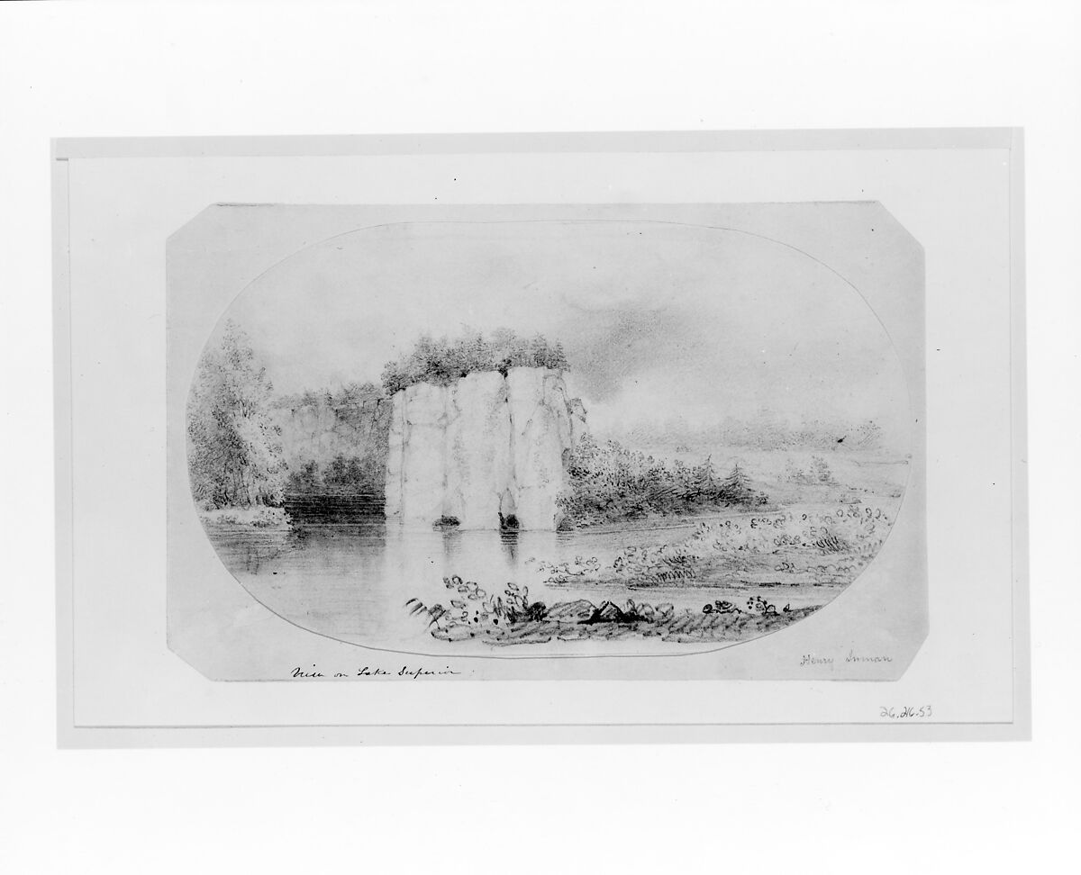 View on Lake Superior (from McGuire Scrapbook), Henry Inman (American, Utica, New York 1801–1846 New York), Graphite on off-white wove paper, mounted on off-white Bristol board, American 