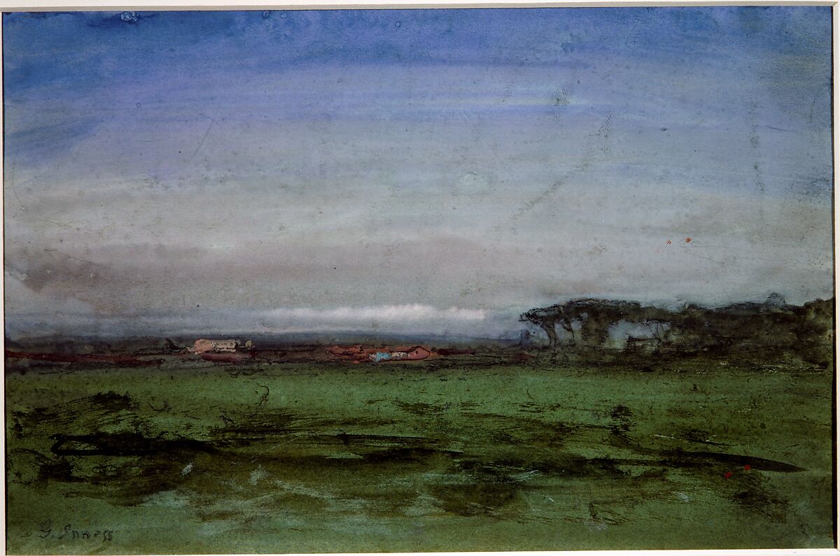 Across the Campagna, George Inness (American, Newburgh, New York 1825–1894 Bridge of Allan, Scotland), Watercolor, gouache, and graphite on off-white wove paper, American 