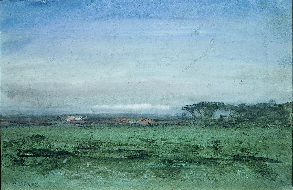 Across the Campagna, George Inness (American, Newburgh, New York 1825–1894 Bridge of Allan, Scotland), Watercolor, gouache, and graphite on off-white wove paper, American