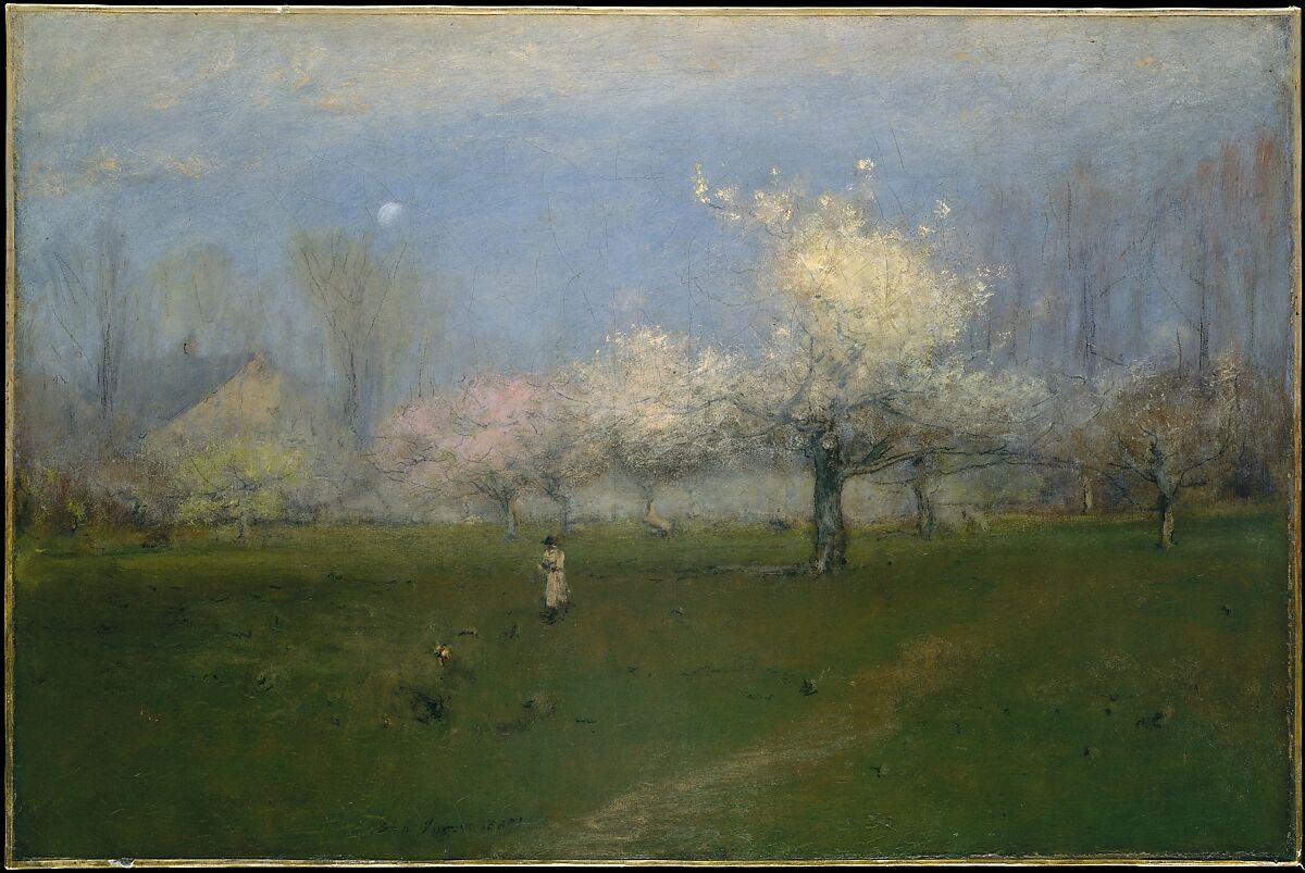 Spring Blossoms, Montclair, New Jersey, George Inness (American, Newburgh, New York 1825–1894 Bridge of Allan, Scotland), Oil and crayon or charcoal on canvas, American 