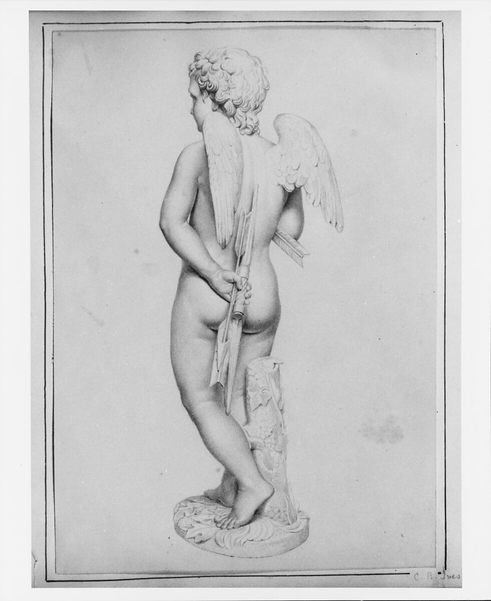 Winged Cupid (from Cropsey Album), Chauncey Bradley Ives (1810–1894), Graphite and gray wash on off-white wove paper, American