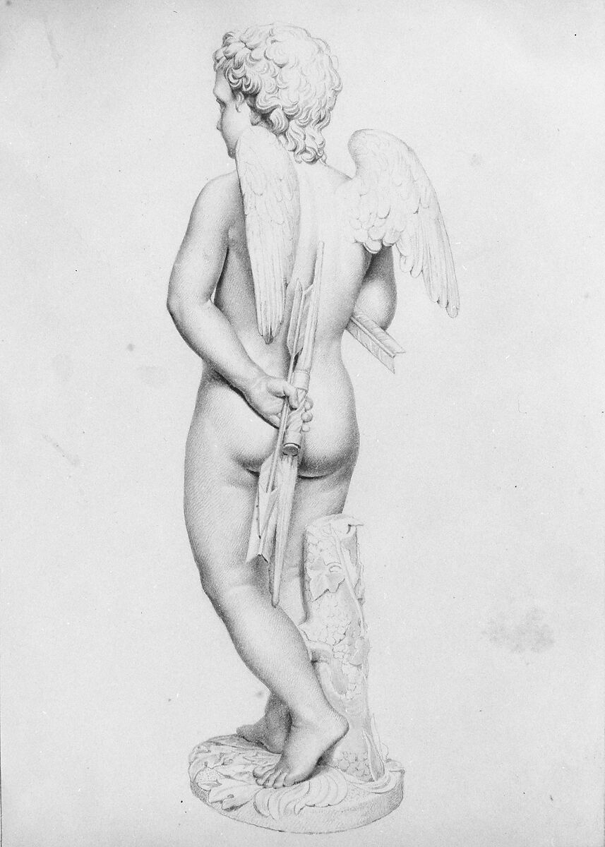 Winged Cupid (from Cropsey Album), Chauncey Bradley Ives (1810–1894), Graphite and gray wash on off-white wove paper, American 