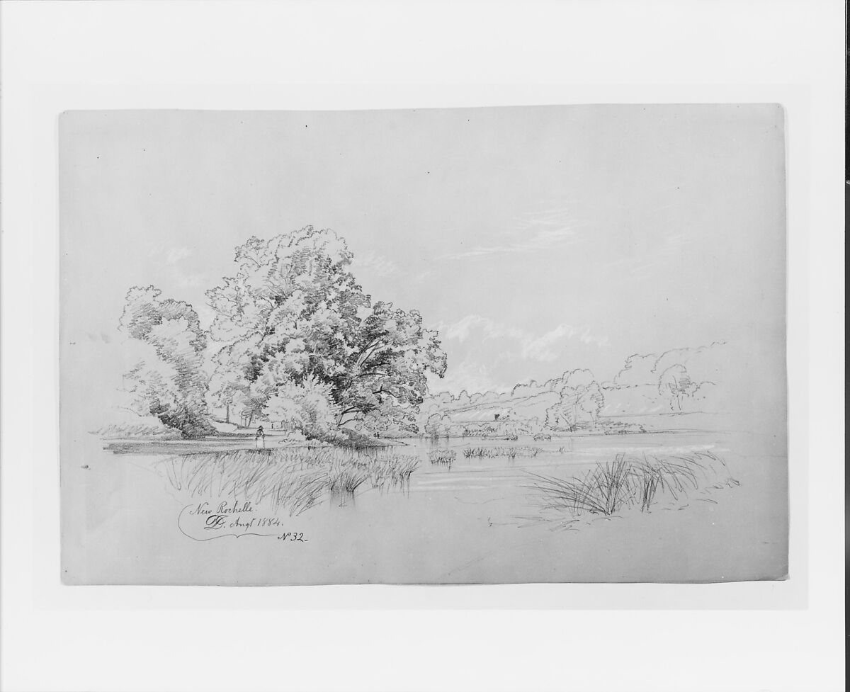 Landscape and Lagoon, New Rochelle, David Johnson (American, New York 1827–1908 Walden, New York), Graphite and  white chalk heightening on tan wove paper, American