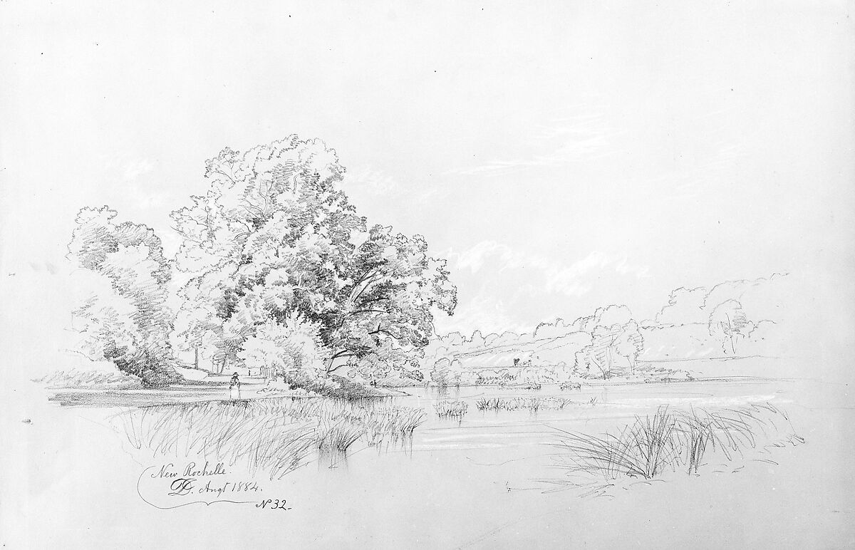Landscape and Lagoon, New Rochelle, David Johnson (American, New York 1827–1908 Walden, New York), Graphite and  white chalk heightening on tan wove paper, American 