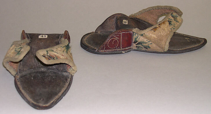 Clogs, leather, silk, wool, British 