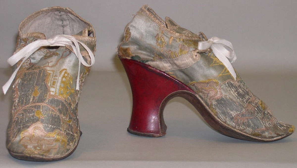 Shoes, silk, metal, leather, wood, British 