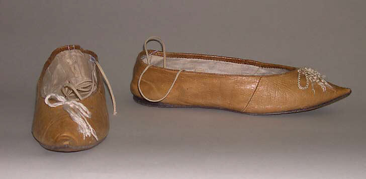 Slippers, leather, linen, silk, probably American 