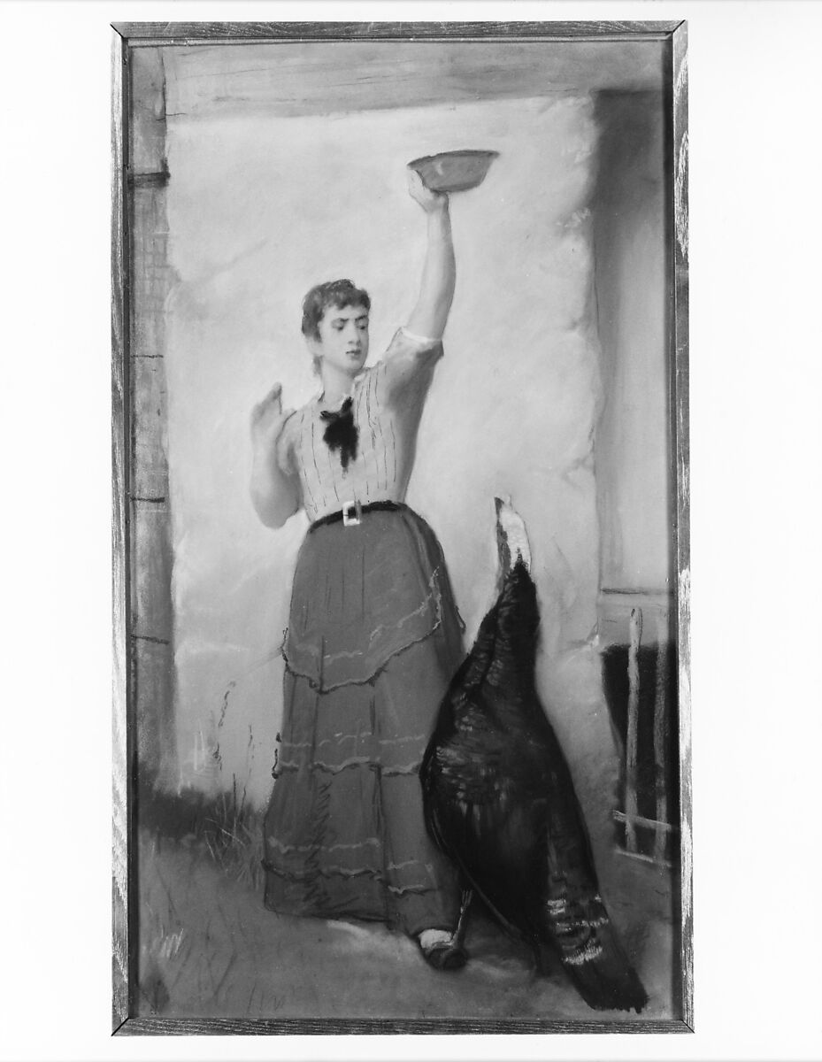 Feeding the Turkey, Eastman Johnson (American, Lovell, Maine 1824–1906 New York), Pastel on wove paper, mounted to canvas on a wooden stretcher, American