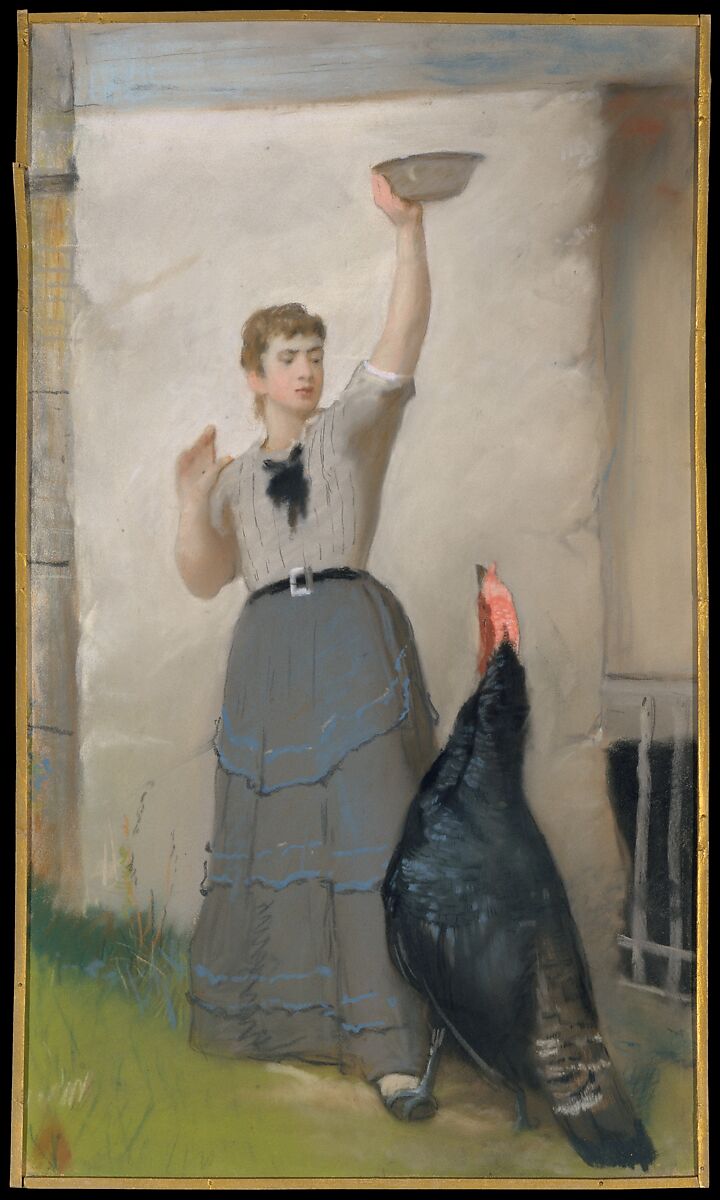 Feeding the Turkey, Eastman Johnson (American, Lovell, Maine 1824–1906 New York), Pastel on wove paper, mounted to canvas on a wooden stretcher, American 