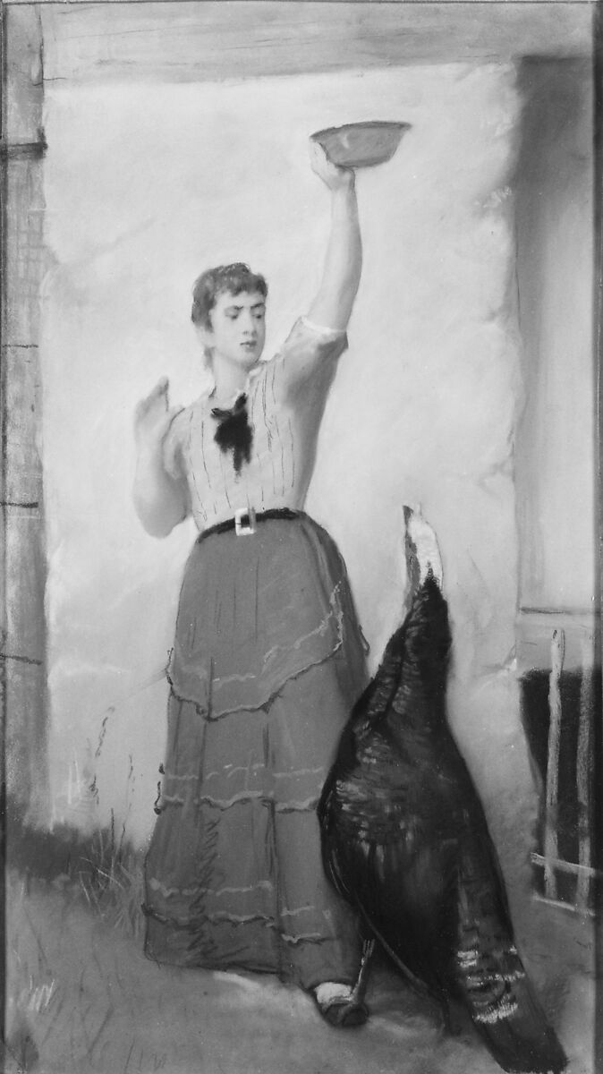 Feeding the Turkey, Eastman Johnson (American, Lovell, Maine 1824–1906 New York), Pastel on wove paper, mounted to canvas on a wooden stretcher, American