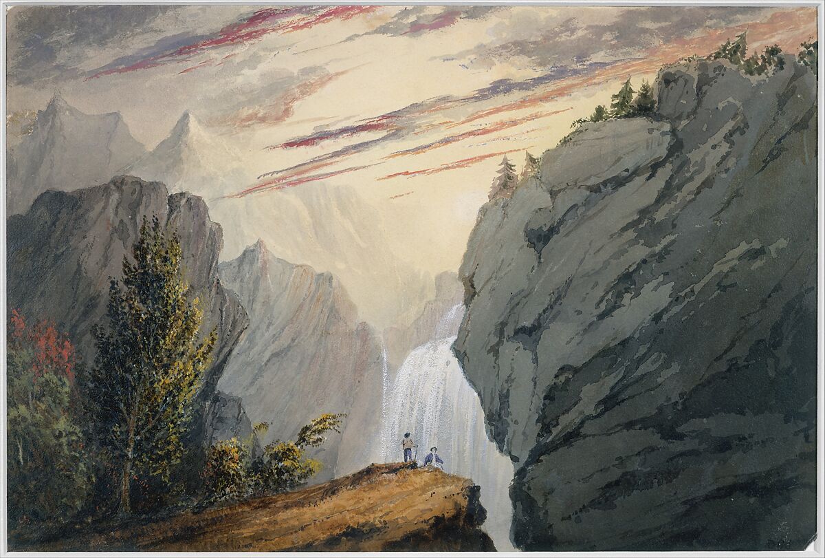 At the Waterfall, David Claypoole Johnston (American, Philadelphia, Pennsylvania 1799–1865 Dorchester, Massachusetts), Watercolor, gum arabic, and gouache on off-white wove paper, American 