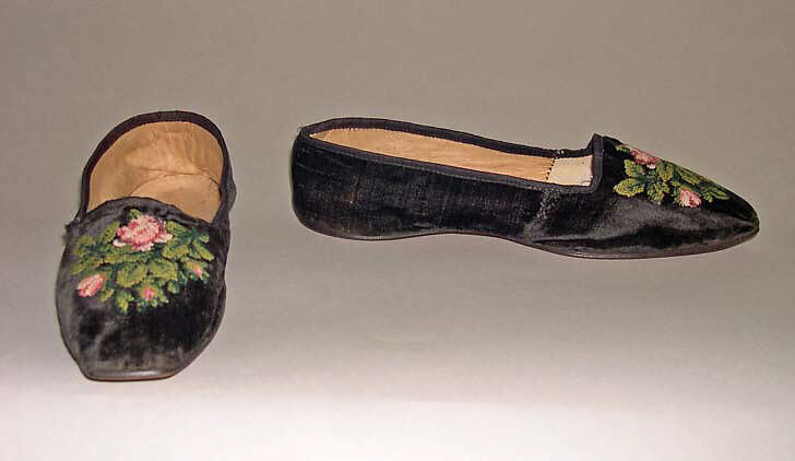 Slippers, silk, leather, wool, American 